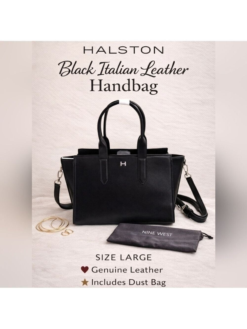 Halston Black Italian Leather Tote Handbag Large Structured Satchel $495 Retail
